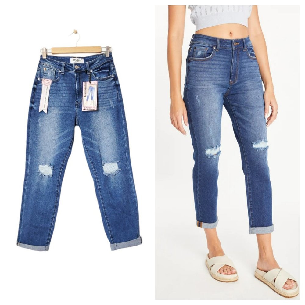 EnJean Boyfriend Jean Distressed Ankle Length Super High Rise Boyfriend Jeans